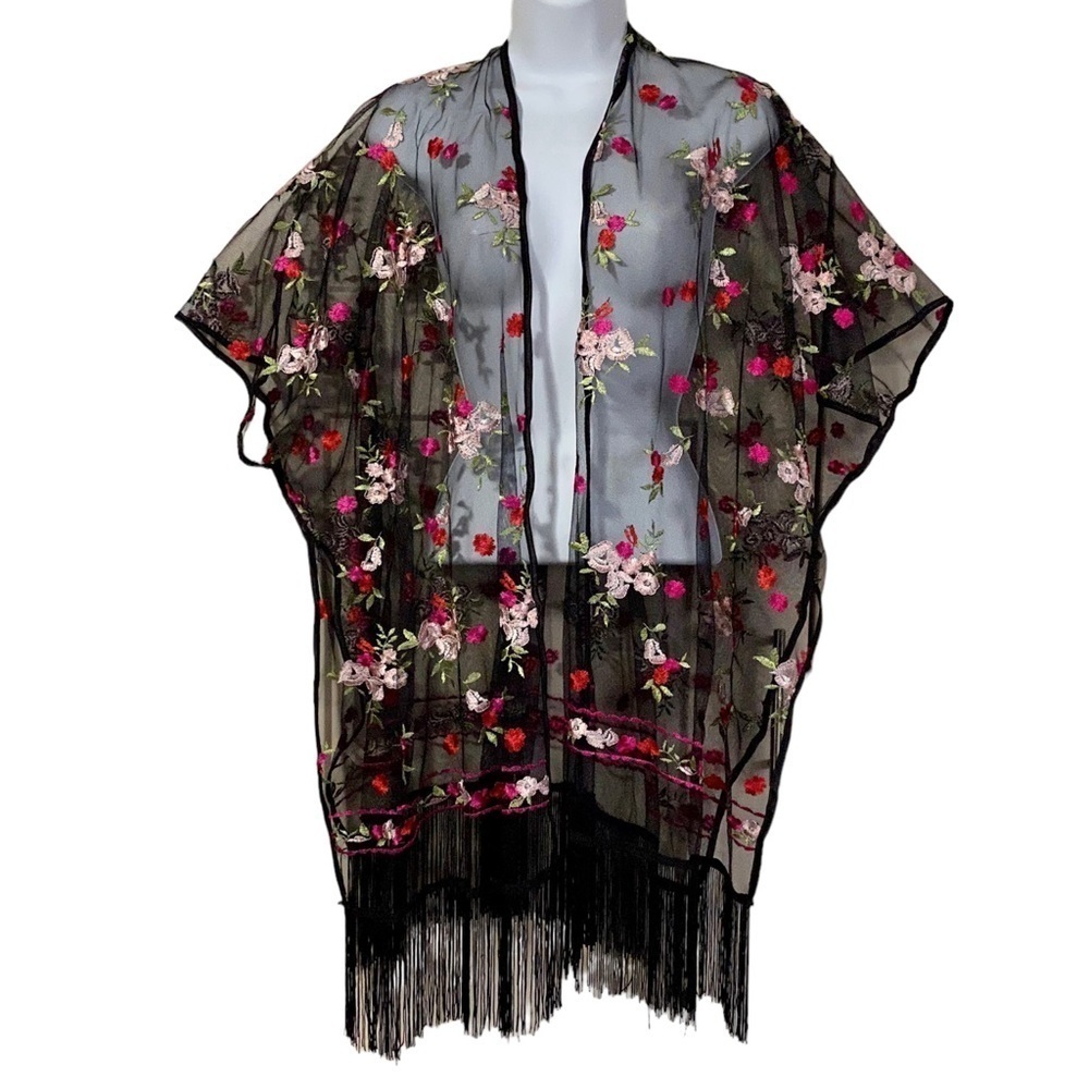 Black Sheer Floral Embroidered Fringe-hem Boho Long Line Kimono Duster Cape Wrap